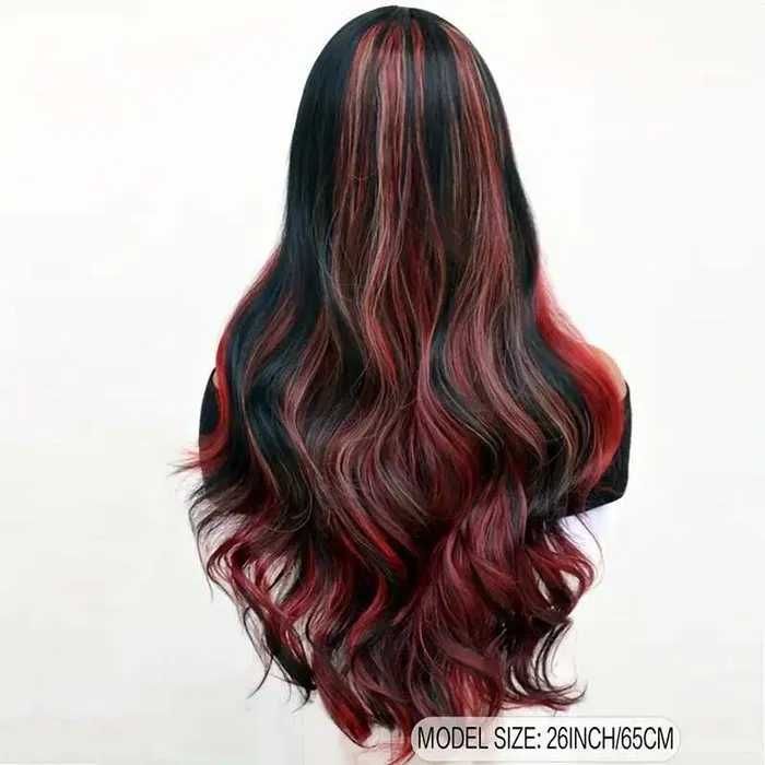 Вълнообразна перука с кичури микс от цветове русо червено черно на път