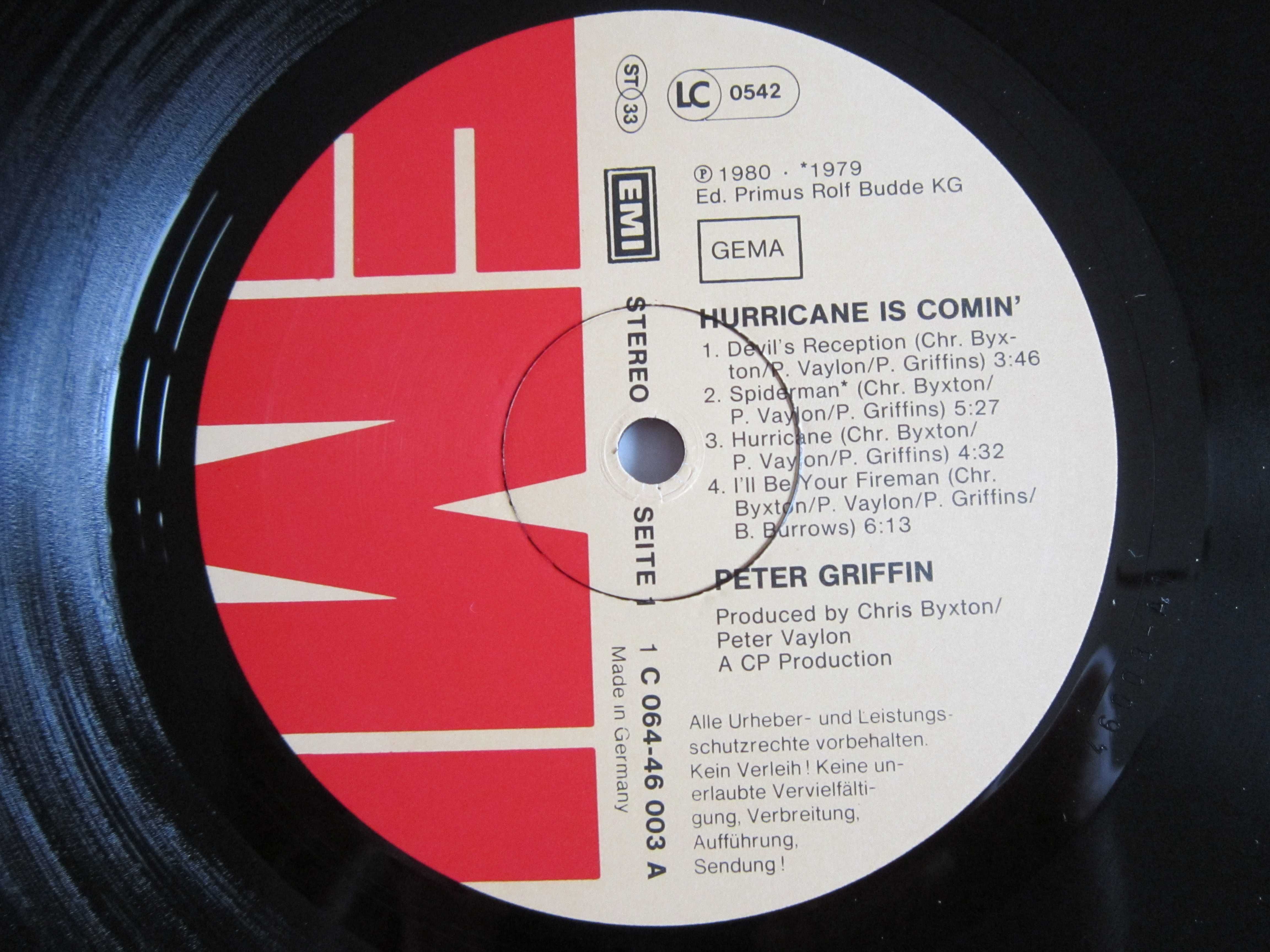 vinil Peter Griffin ‎-Hurricane Is Coming,1-st Ed,Germany 1980-impecab