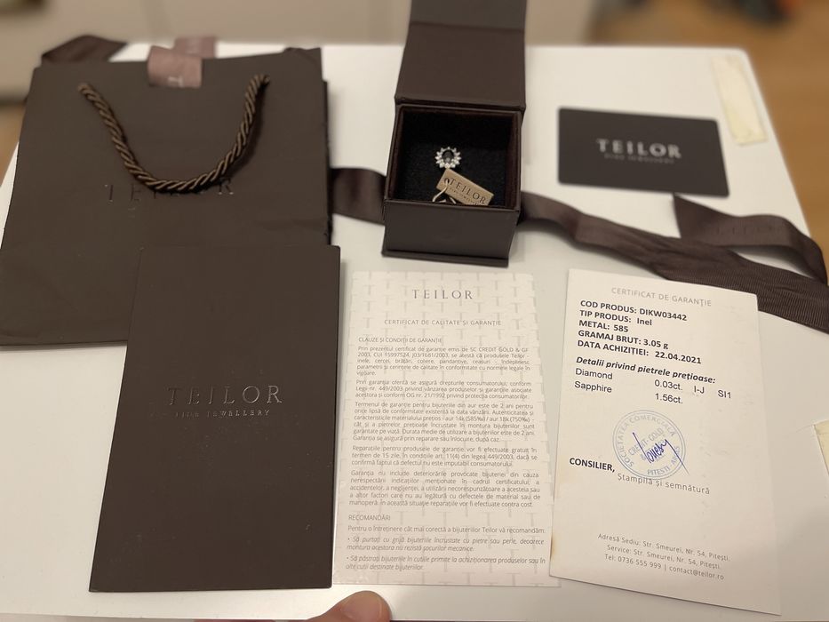 Inel Teilor aur 14k, diamante și safir 1,56ct , marimea 48