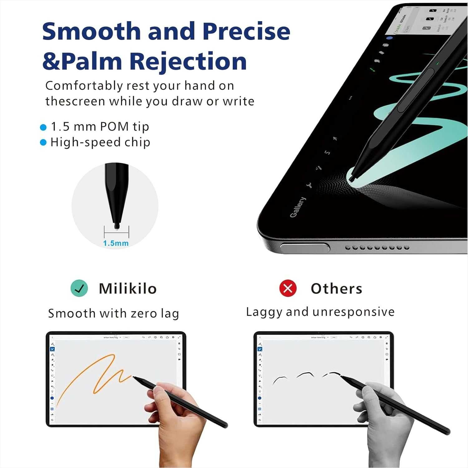 Стилус за iPad 2018-2025, Milikilo стилус за Microsoft Surface, черен