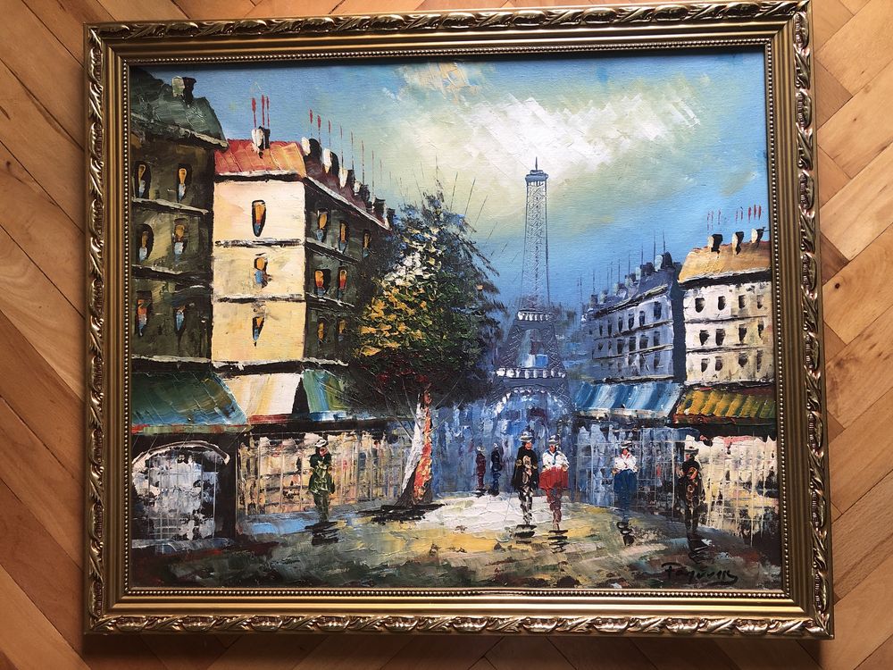 Tablou,pictura franceza in ulei pe panza,peisaj citadin,semnat