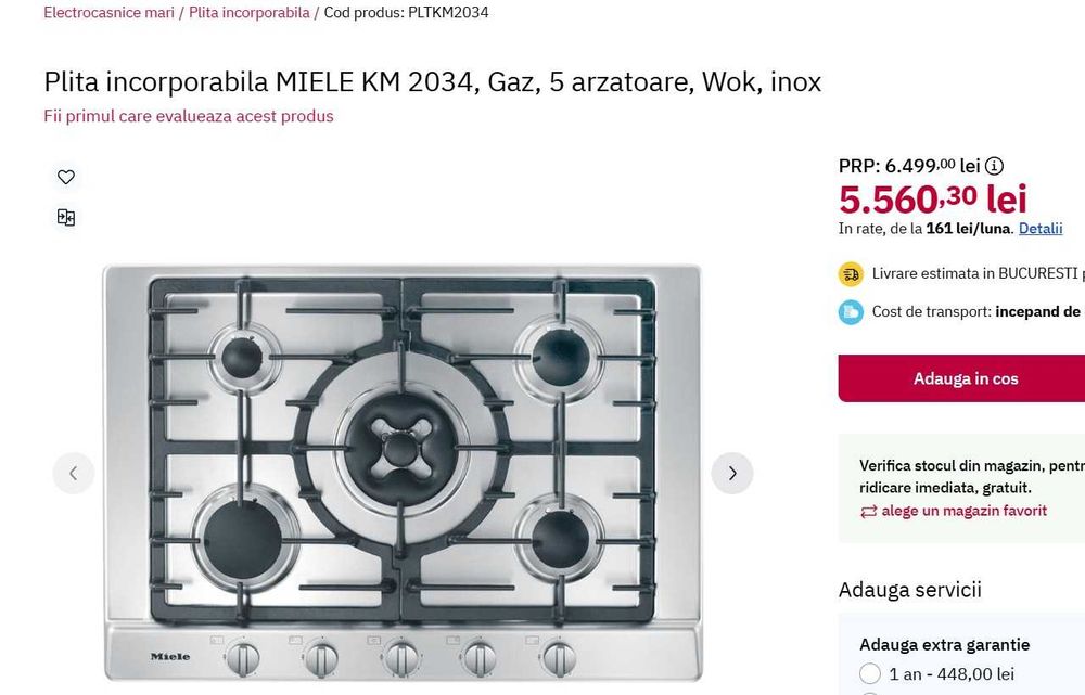 Miele KM 2033 G - Plită pe gaz inox, Gratare fonta, 750/520 mm, Noua