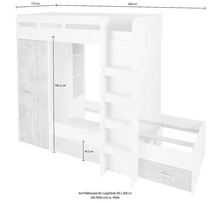 Pat supraetajat cu dulap inclus , Alb-Gri