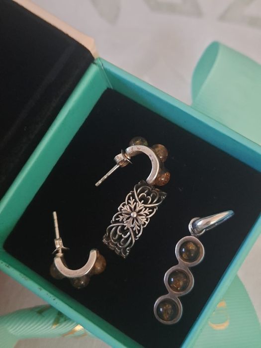 Set argint cu chihlimbar si inel reglabil