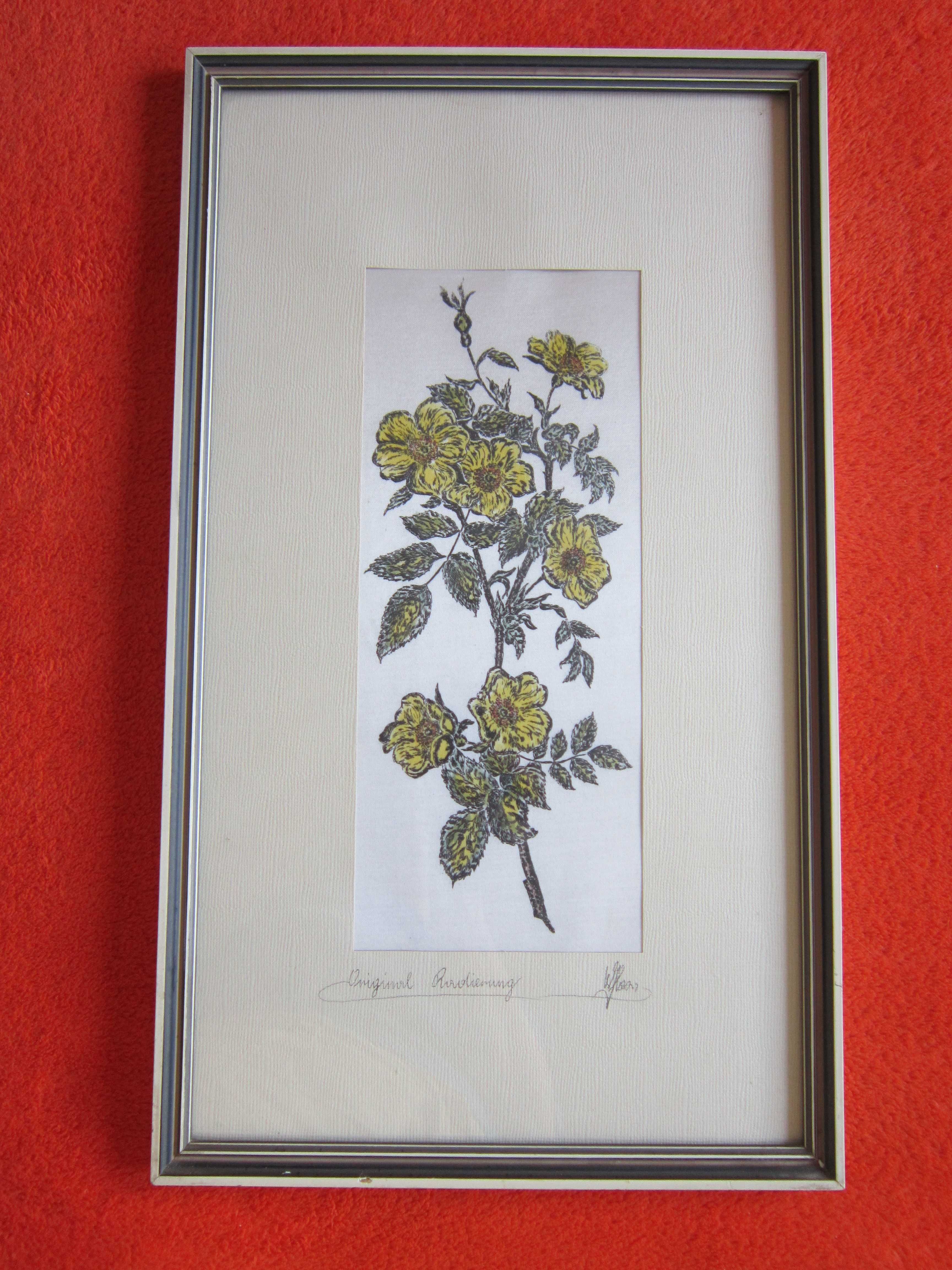 cadou inedit tablou pe matase-flori, botanic,semnat,made Germany'60