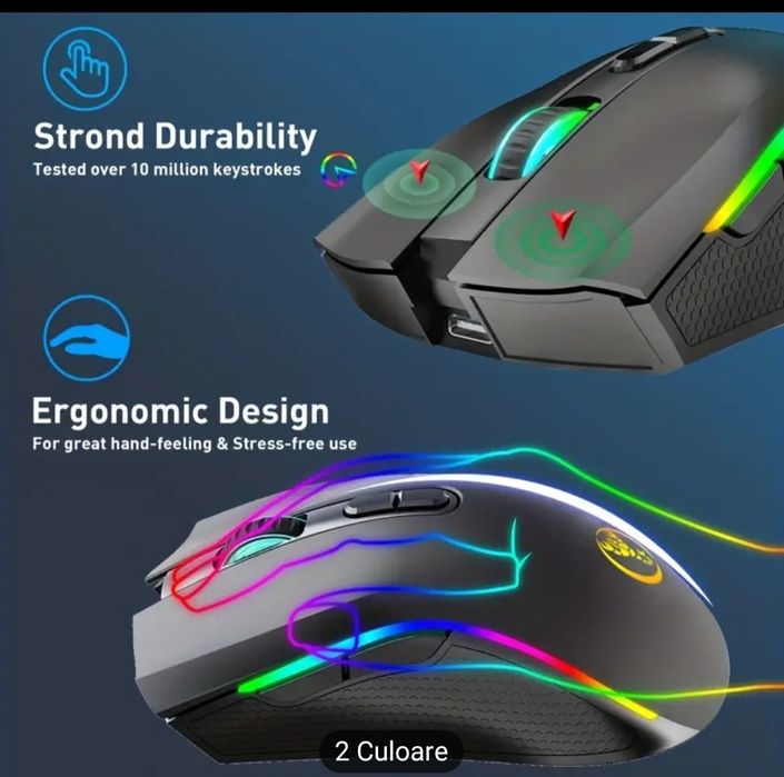 Mouse wireless gaming RGB cu baterie reincarcabila