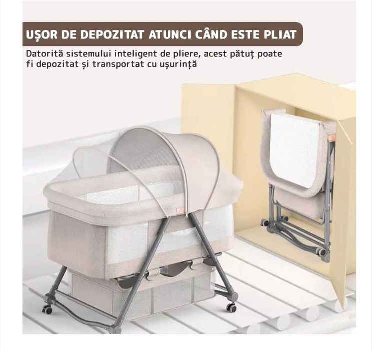 Patut Pliabil 3 trepte de inclinare, sistem de legănare - maroniu.