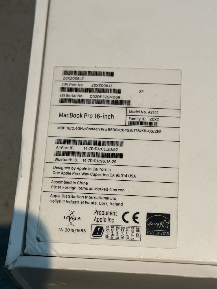 Macbook pro 16” 2019 i9, 64 gb ram