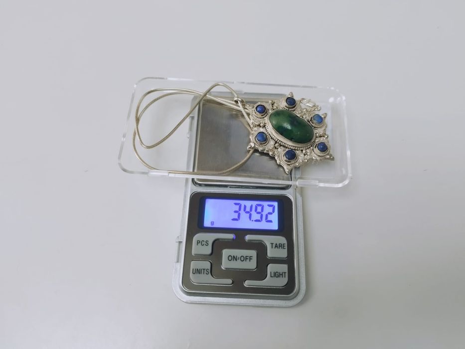 Vechi lant/colier, pandantiv tribal cu lapis lazuli si jad nefrit, JaA