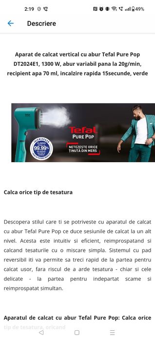 Aparat de calcat vertical cu abur tefal pure pop