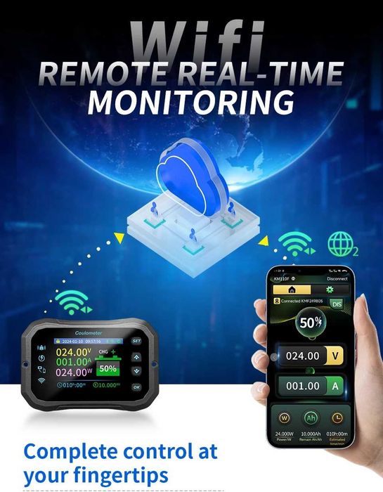 WiFi Coulomb Meter 400A Volt-Ah Indicator Capacitate Baterie Li-Ion