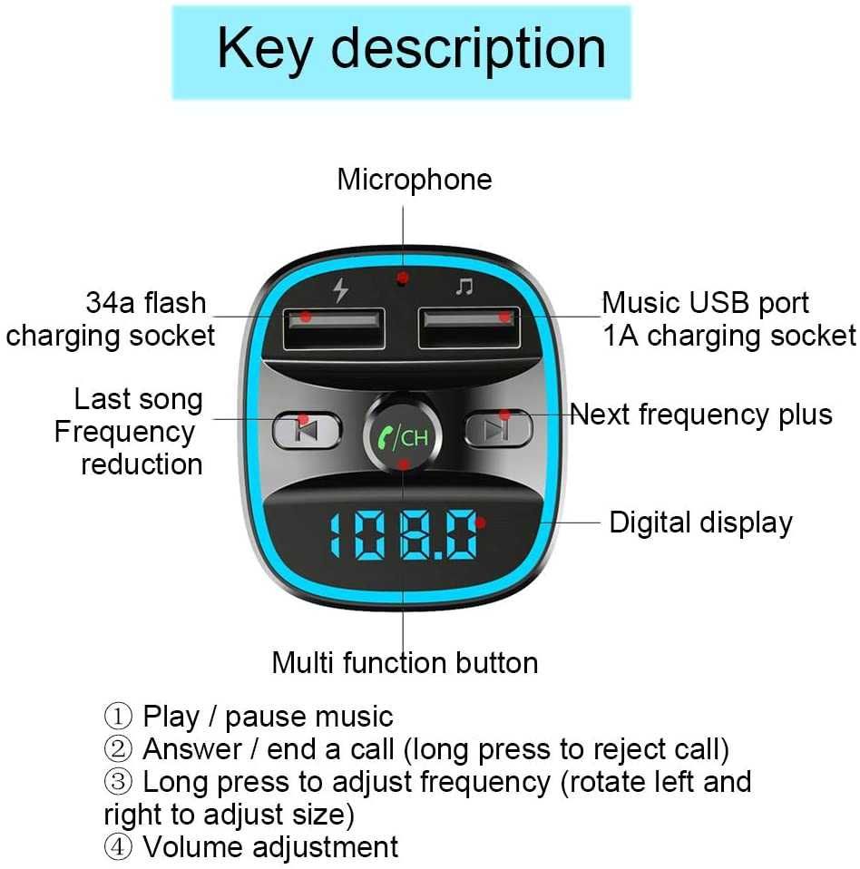 FM трансмитер Bluetooth 5.0, T25, ВОЛТМЕТЪР, MP3, 2 x USB, 3.4А