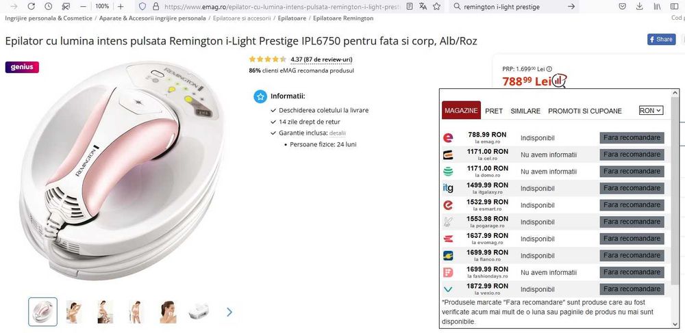 Epilator cu lumina intens pulsata Remington i-Light Prestige fata/corp
