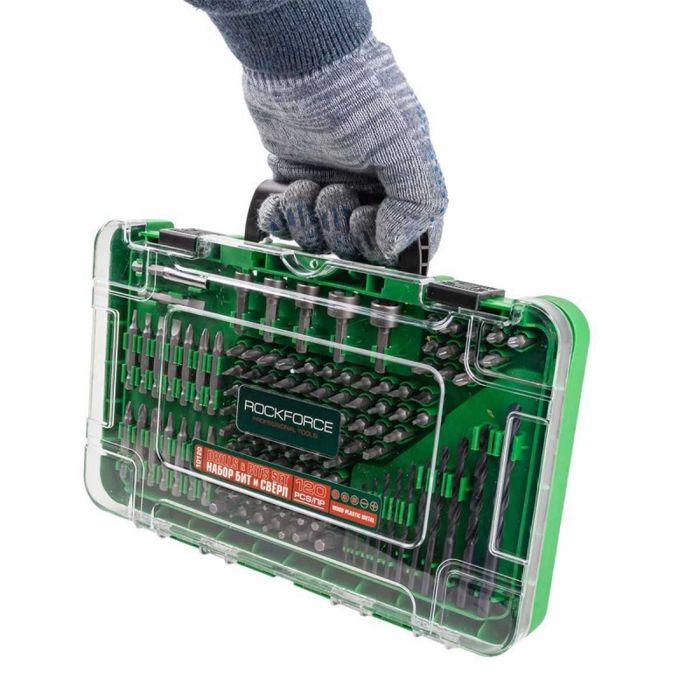 НЕМСКИ Комплект Битове И Свредла 120 Части ROCKFORCE + ЛЕД ФЕНЕР