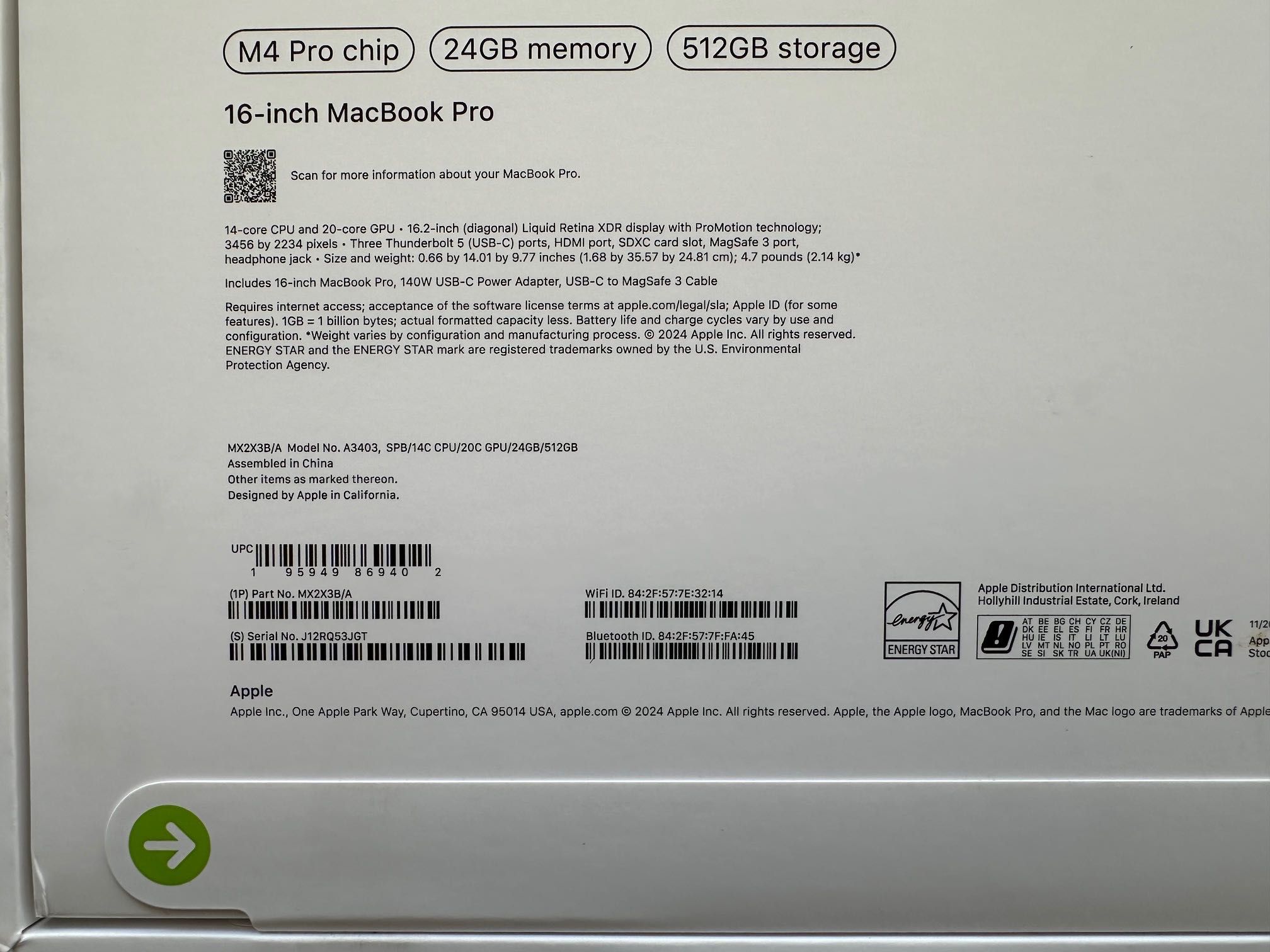ЧИСТО НОВ MacBook Pro 16" M4 PRO Chip 14-CPU/20-GPU/24RAM/512GB SSD