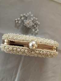 Poșetă/ Plic/ Clutch/ Gentuță nuntă perle perluțe cadou accesoriu păr