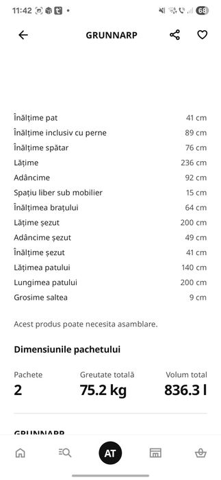 Canapea extensibilă 3 locuri GRUNNARP, nefolosită