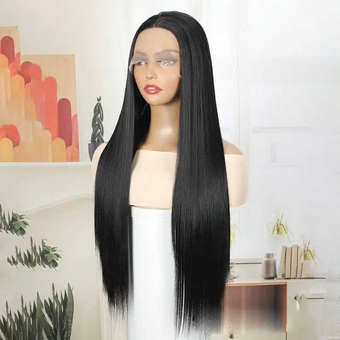 80 см Дантелена черна права перука от висококачествен синтетичен косъм