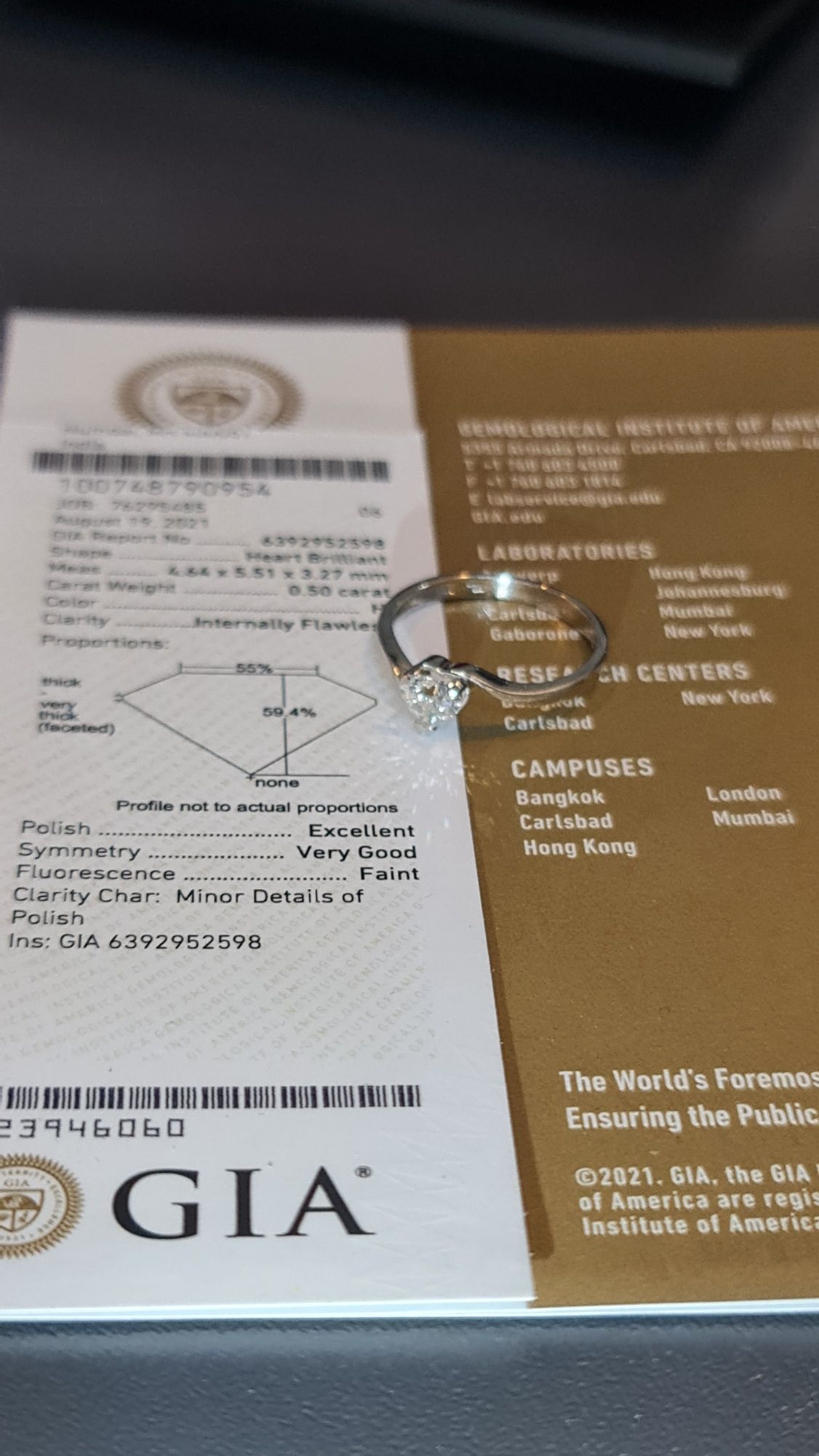 Inel logodna diamant 0.50 carate IF inima SUPERB
