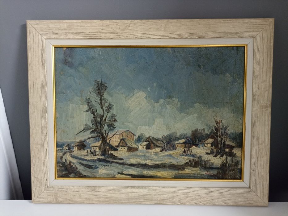 Tablou "Peisaj de iarna din Olanesti", lucrat in ulei, cu cutitul