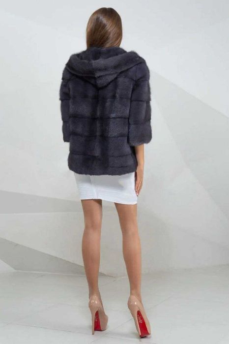 Haina blana vizon , Haină blană nurcă cu glugă, gri , 4 in 1 , m.M-XL