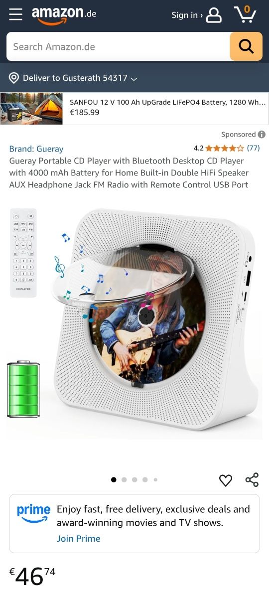 6в1 преносим CD плеър и блутут колонка, 4000mAh батерия до 6ч музика