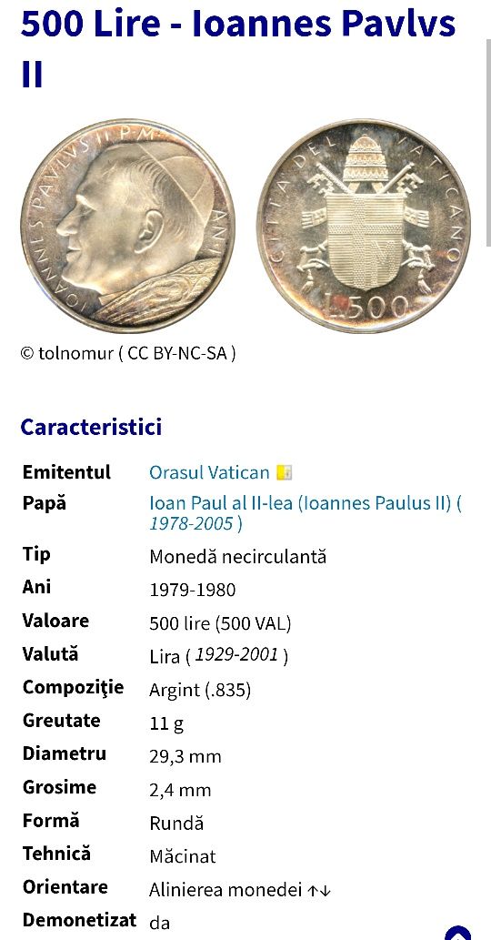 Moneda Argint 500 Lire Italia / Vatican