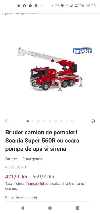 Bruder  Scania Super 560R cu scara pompa de apa si sirena