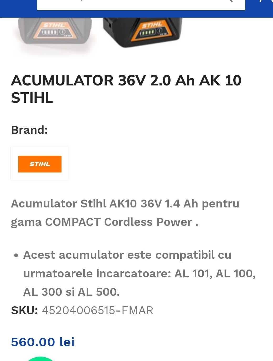 Acumulator NOU  Stihl AK10 36V 1.4 Ah pentru gama COMPACT  45204006515