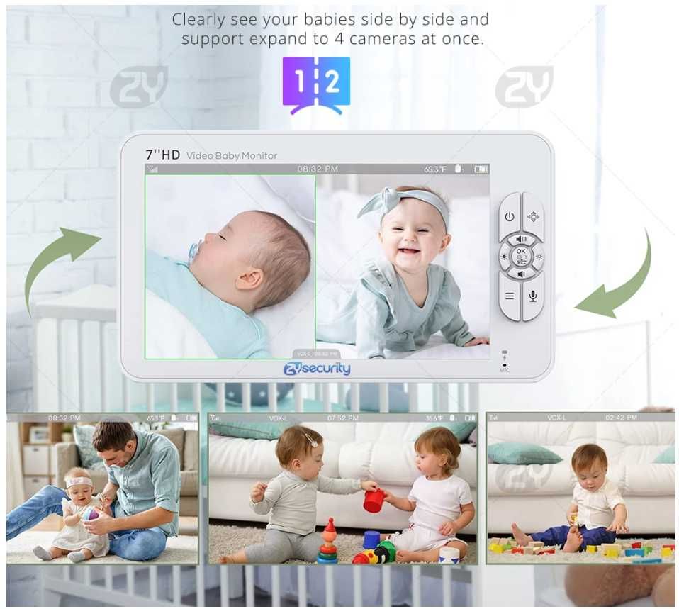 Video Baby Monitor cu 2 camere si ecran 7 Inch, baterie 4000mah