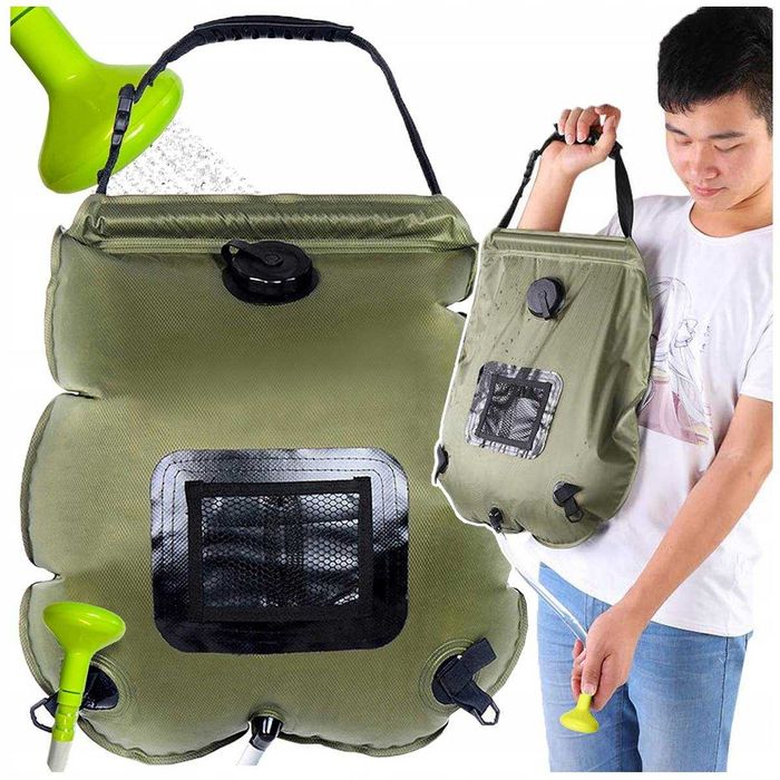Dus solar portabil 20l cu termometru integrat furtun 40cm rezervor PVC