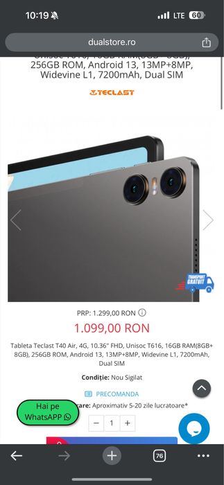 Tableta Teclast T40 Air, 4G, 16GB RAM, 256GB, Dual SIM