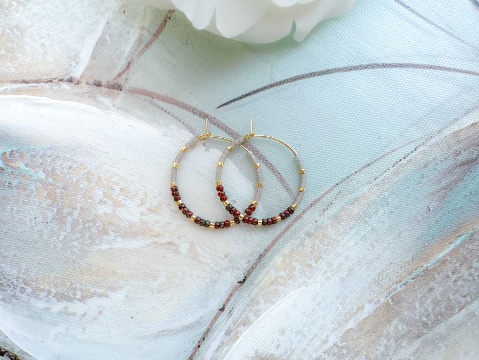 Ръчно изработени обеци халки - Неръждаема стомана и Японски мъниста