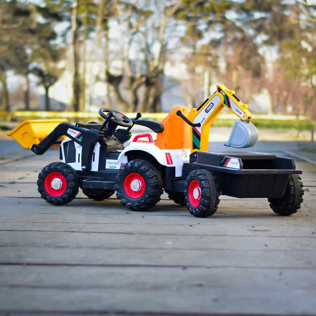Tractoras electric pt copii remorca, incarcator frontal si cupa spate