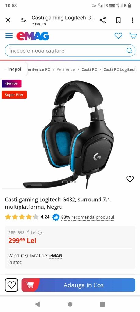 Căști gaming Logitech G432, surround 7.1 multiplatforma negre sigilate