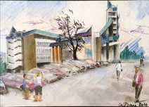 tablou pastel Aurel Dan- Palatul administrativ Baia Mare, 21/28cm