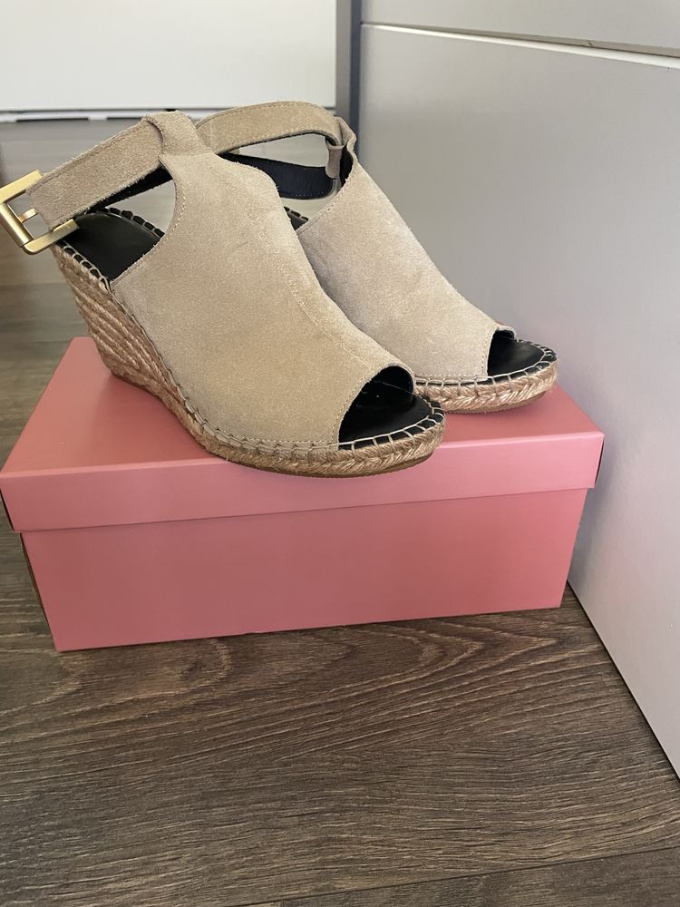 Sandale platforma, 9 cm, piele intoarsa, bej, marimea 37 (23 cm), noi