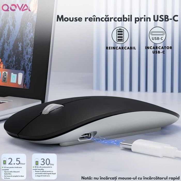 Mouse Wireless, Dual Mode Bluetooth 5.1 & 2.4GHz, Reincarcabil USB-C
