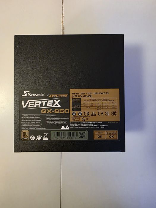 Seasonic VERTEX GX-850, ATX 3.0, PCle 5.0, 850W, 80 Plus Gold, 12VHPWR