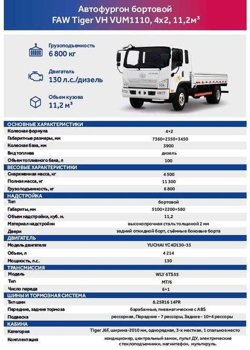 Бортовой фургон FAW Tiger V 4х2 объем кузова 11,2 куб