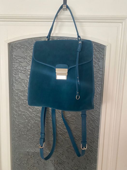 Велурена раница Zara в морско синьо-зелено