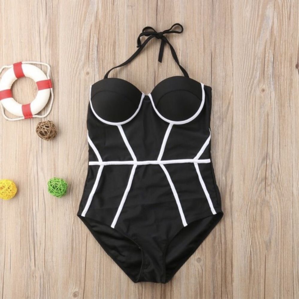 Costum de baie intreg negru dantela alba Push Up stil Victoria