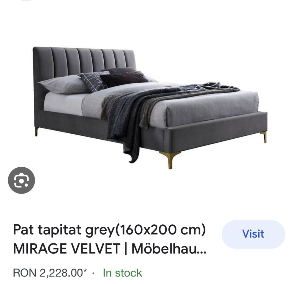 Pat Gri 160x200 Mirage Velvet + Saltea Ortopedica  - Pachet Complet