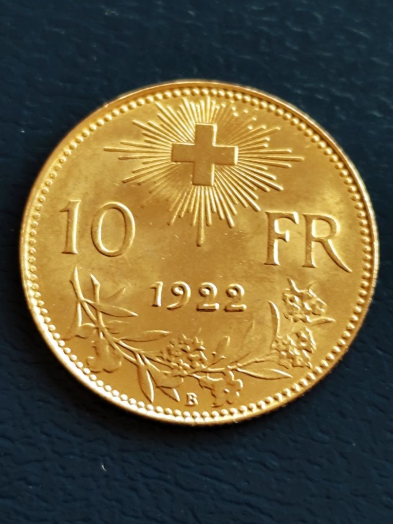 10 франка 1922 год., Швейцария, злато,3.23 гр.,проба 900/1000 (21.6 к)