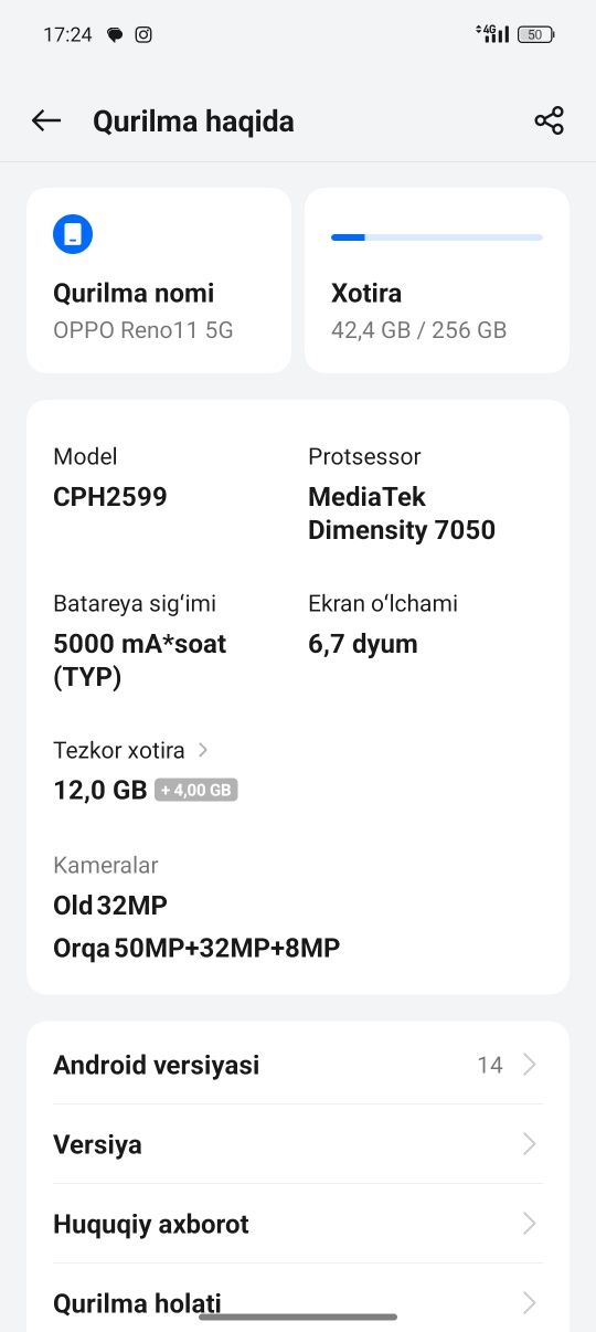 OPPO Reno 11  256/12 GB.  5G sotiladi 3 yillik ofisalniy garantiyasi b
