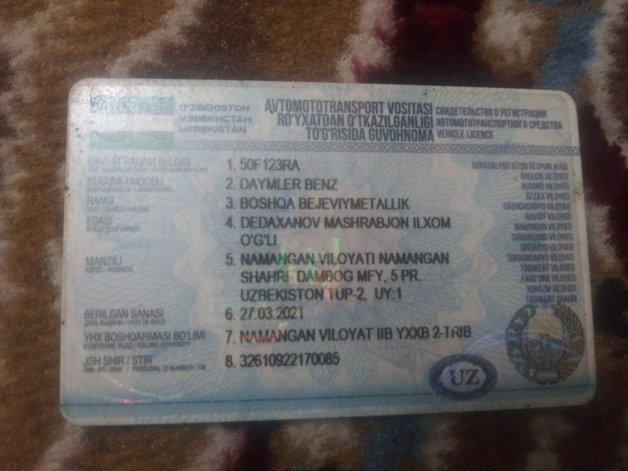 Mersedes bens yuk mashina 1988 yil yurib turgan zil motor qoyilgan gaz