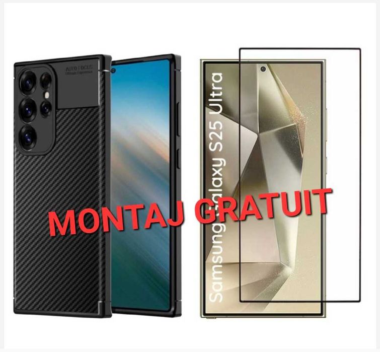 Set Samsung S24 S25 Plus / Ultra - Folie de Sticla + Husa Model Carbon