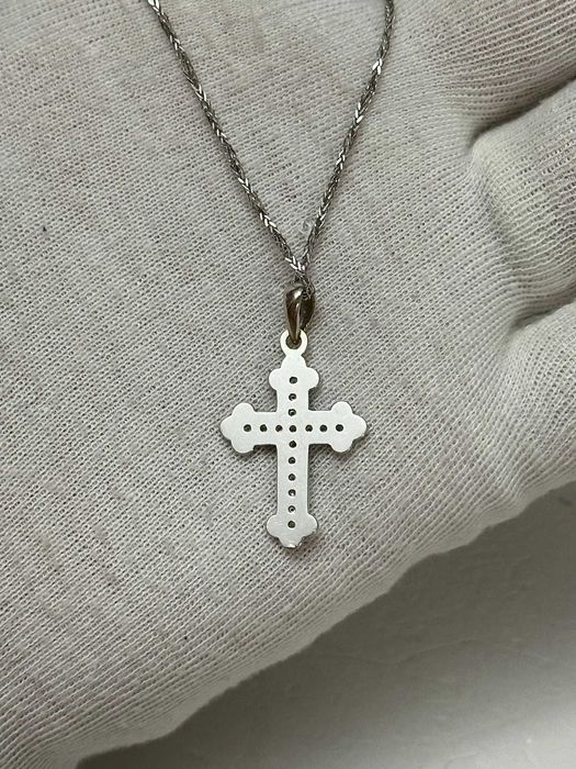 LANT + PANDANTIV AUR alb 18K - CRUCE - 16 Diamante = 0.16Ct - 5.6g !