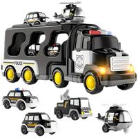 Jucarie camion de politie, set 5 masini cu propulsie, LED si sunet, 3+