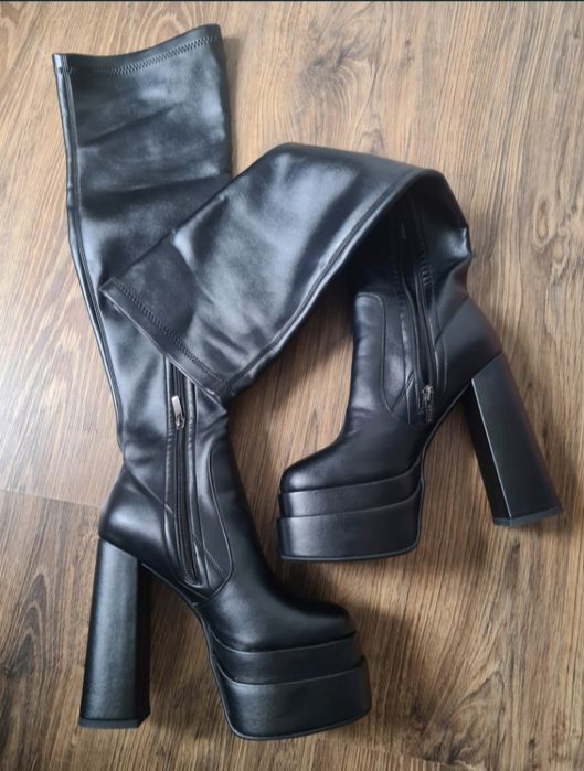 Cizme peste genunchi cu toc gros